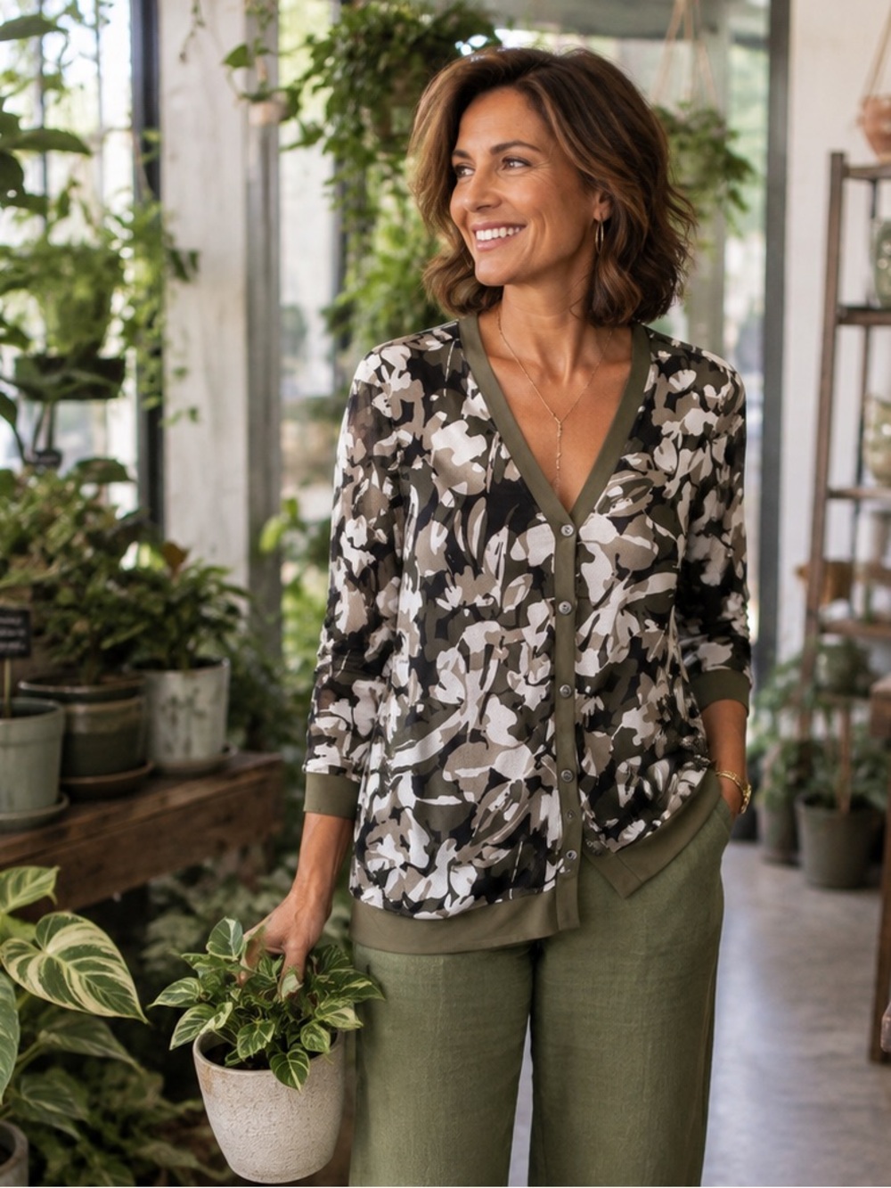 Chico's Olive Black White Floral Print Button Cardigan